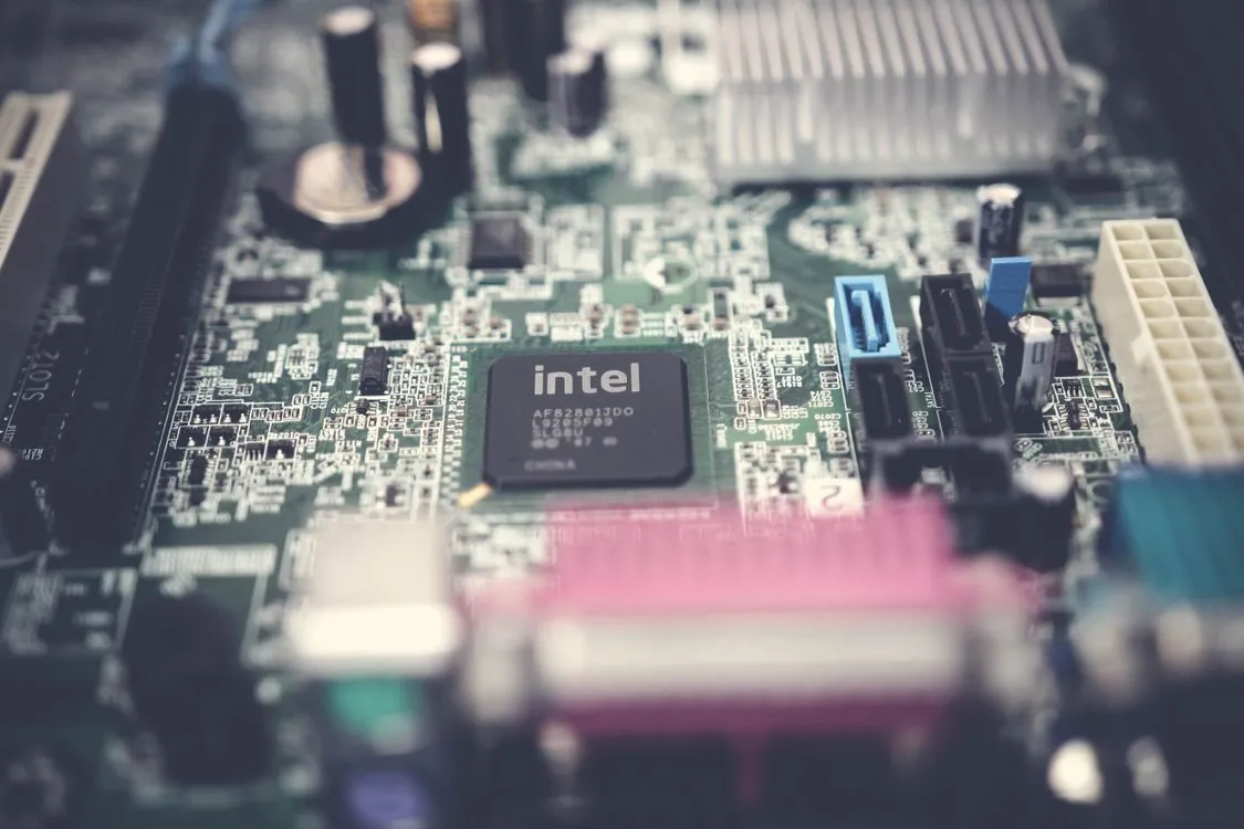 Close-up of a computer processor chip with visible circuit patterns