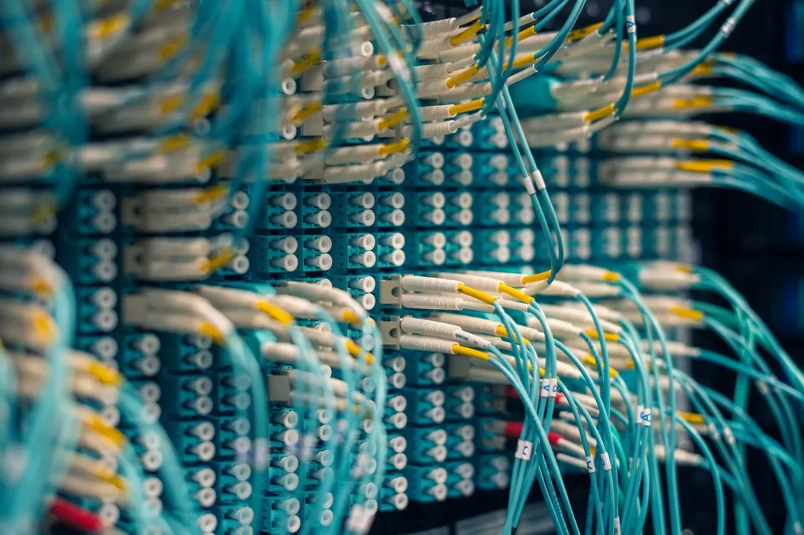 Closeup of blue network cables and connectors in a data center representing bidirectional gRPC stream connections