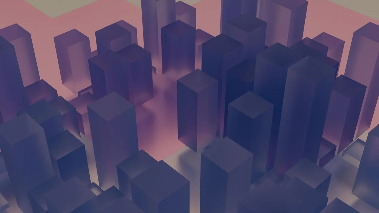 Geometric 3D blocky cityscape render with purple and pink gradients, evoking a Minecraft-style city built over many years