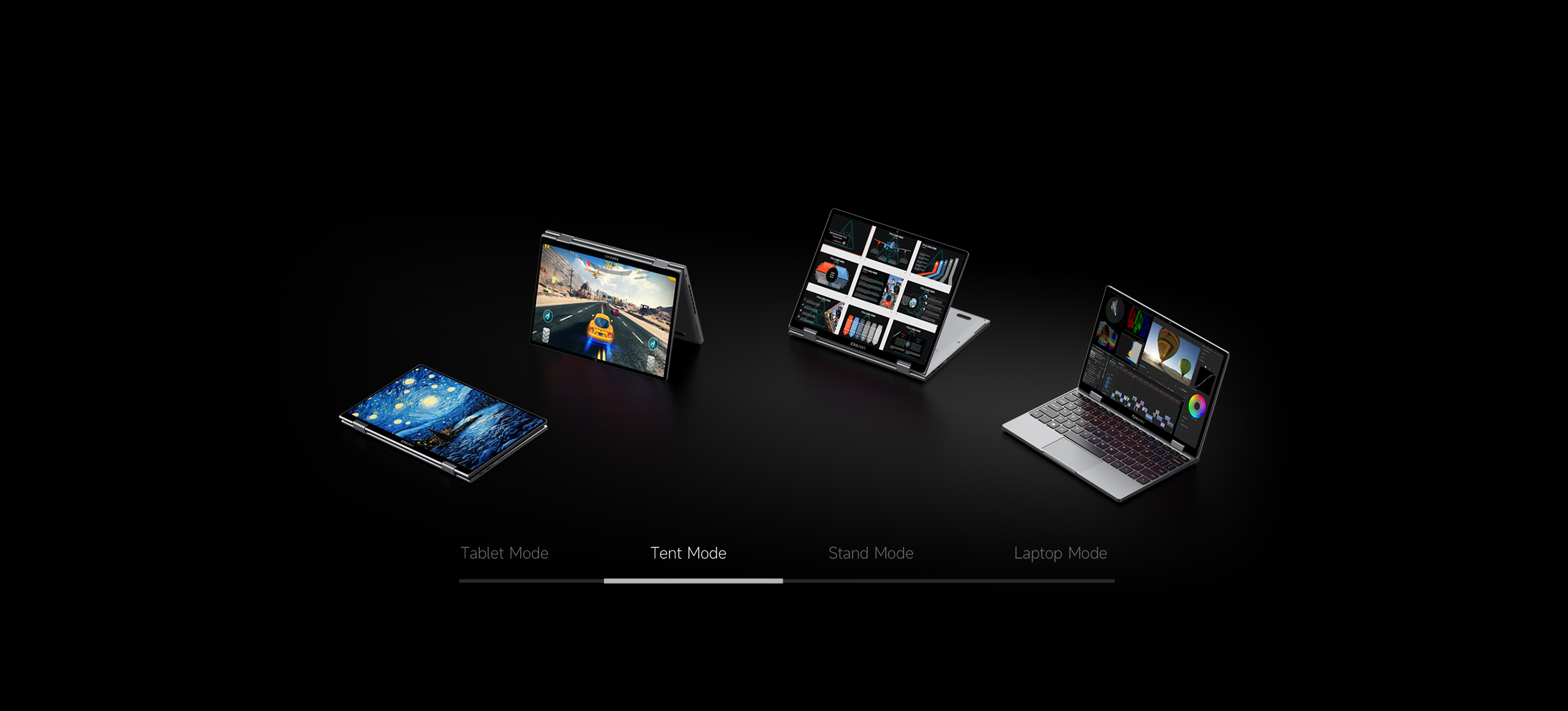 Chuwi MiniBook X shown in tablet, tent, stand and laptop modes