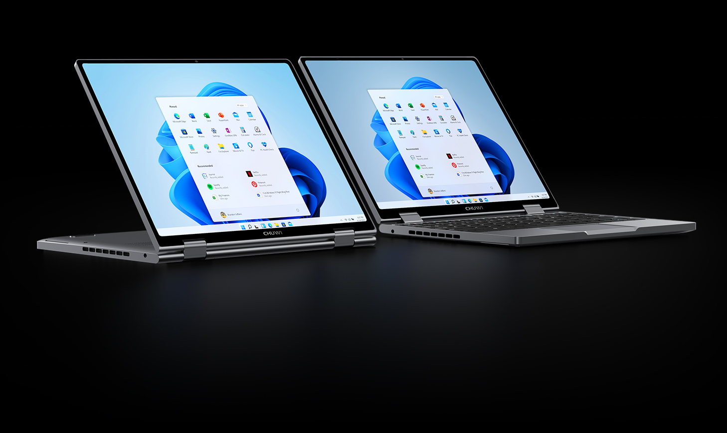 Two Chuwi MiniBook X convertibles, one in tent mode and one in laptop mode