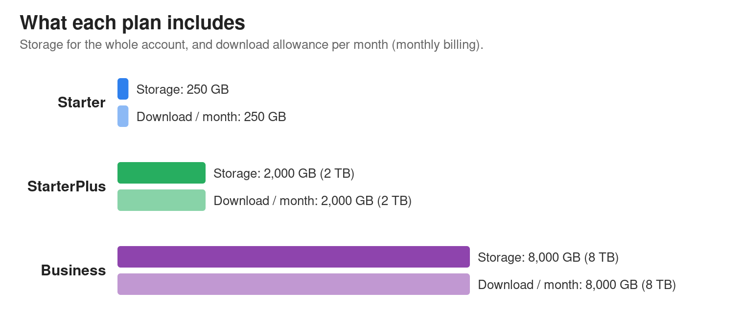 Bar chart of included storage and monthly download for each plan: Starter 250 GB each, StarterPlus 2,000 GB each, Business 8,000 GB each.